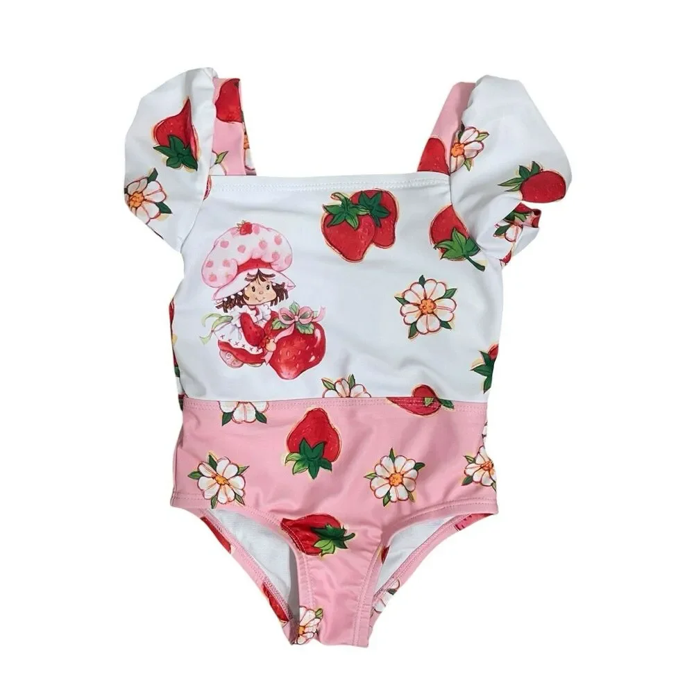 Strawberry Shortcake Baby Girls One Piece Swimsuit Puff Sleeve Pink White 12M